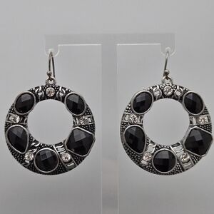 ✨2/$10✨ Vintage-Inspired Silver-Tone Hoop Drop Earrings w/ Black & Clear Stones